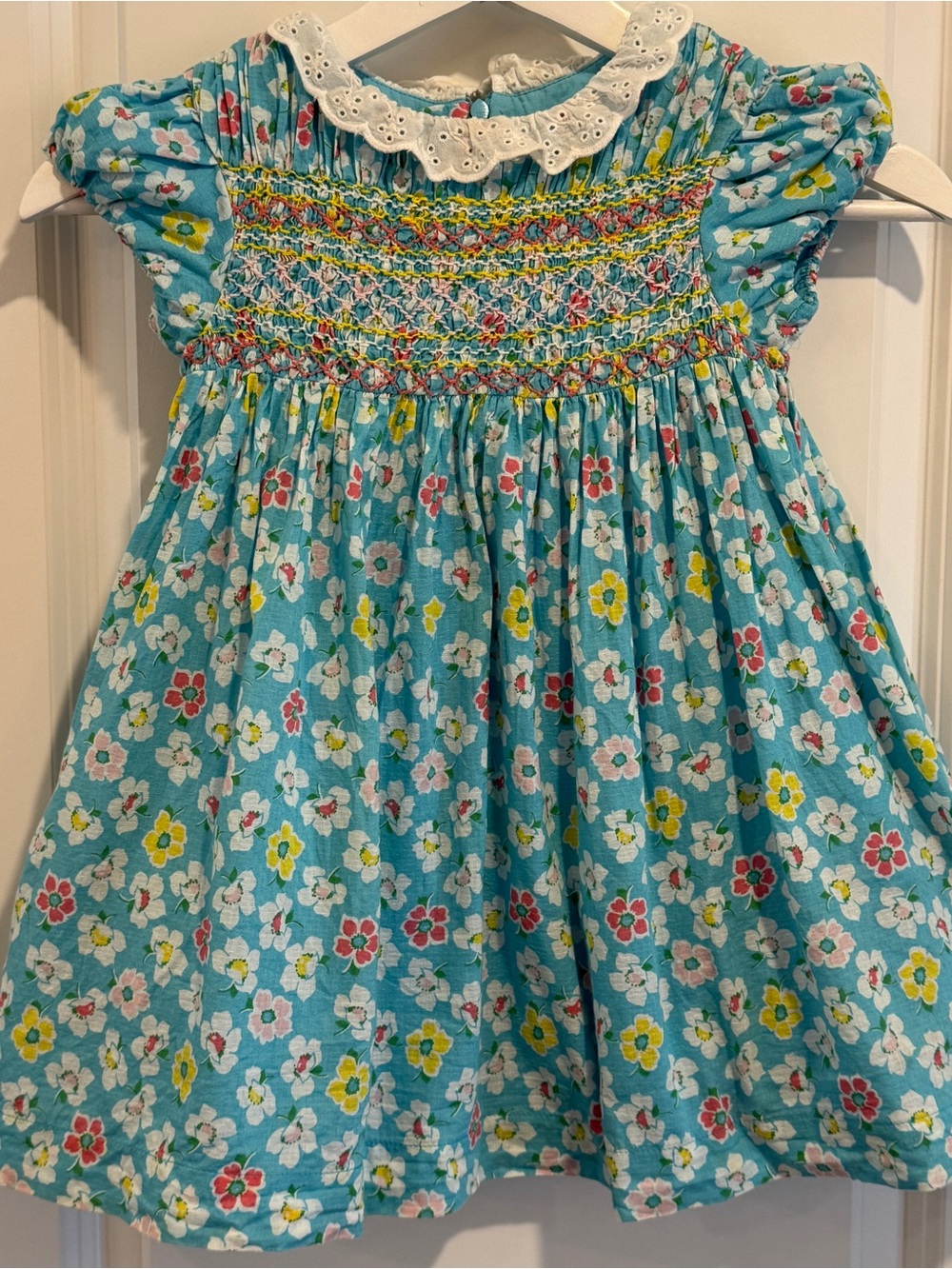 3-4Y Mini Boden Aqua Floral Smocked Dress with Eyelet Collar